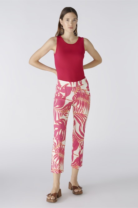 OUI 87578 Palm Print Gabardine Trousers - Pink White