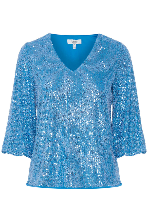 BY SOLIA V Neck Sequin T-shirt - Swedish Blue