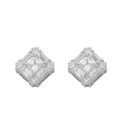 SWAN Boutique Rhodium Plated Silver Princess & Baguette Stud Earrings