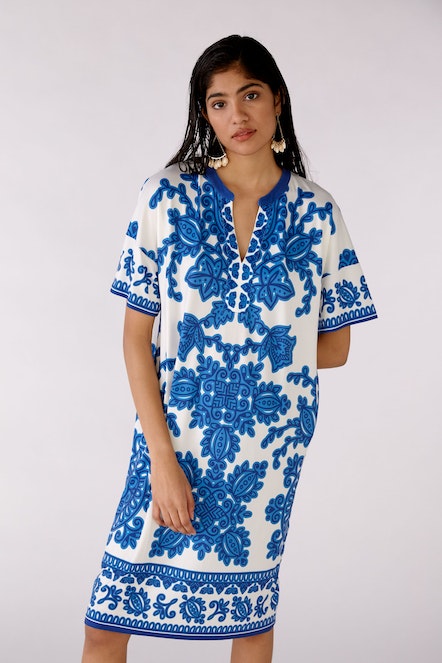 OUI 76643 V Neck Mosaic Dress - White Blue