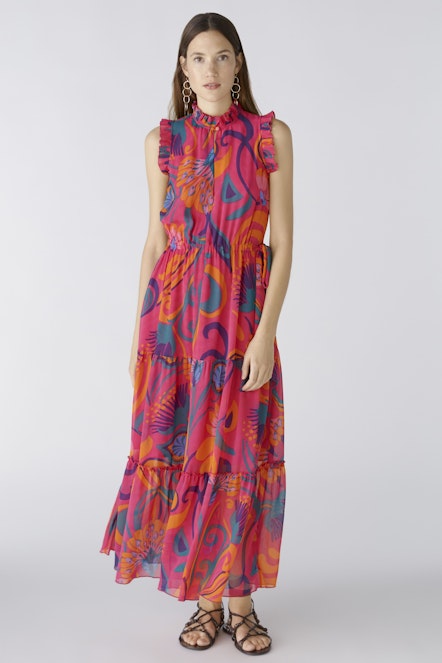 OUI 86718 Tropical Chiffon Maxi Dress - Pink Orange