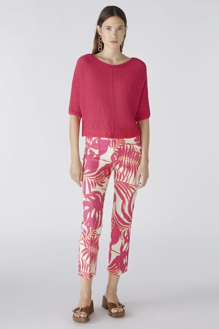 OUI 87578 Palm Print Gabardine Trousers - Pink White