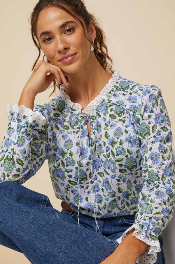 ASPIGA Rosie Block Print Blouse - Blue Green