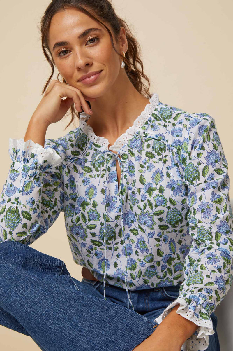 ASPIGA Rosie Block Print Blouse - Blue Green