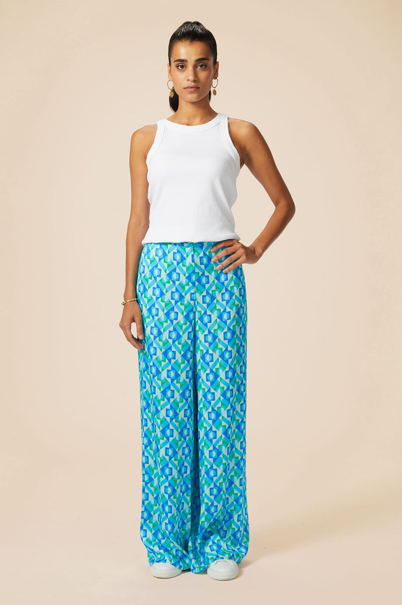 ASPIGA Alvia Satin Trouser - Turquoise Geo