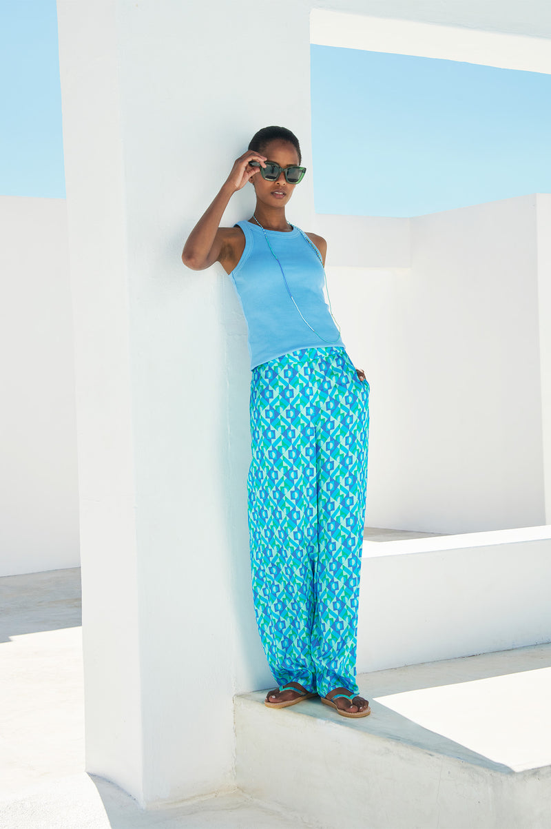 ASPIGA Alvia Satin Trouser - Turquoise Geo