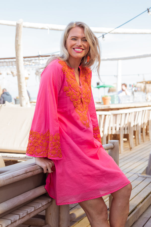 PLACE DU SOLEIL 314 Short Embroided Dress - Pink Orange