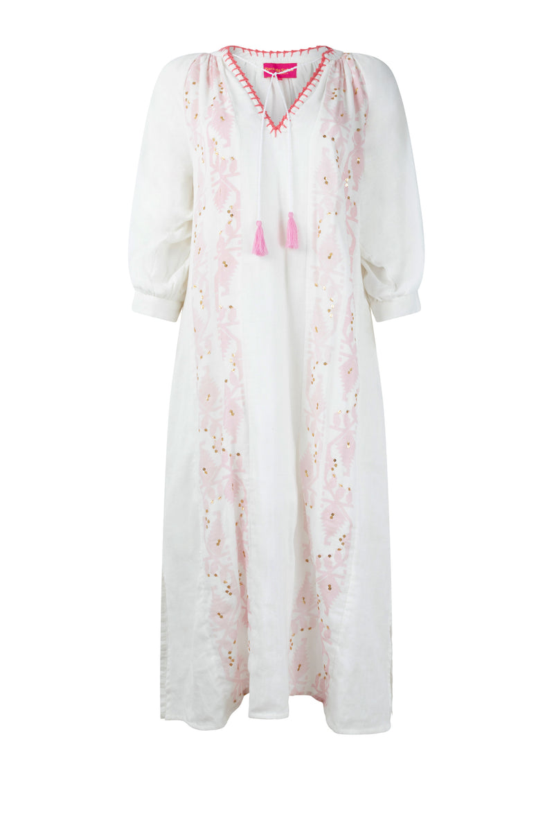 PLACE DU SOLEIL 206 Long Cotton Dress - White Pink