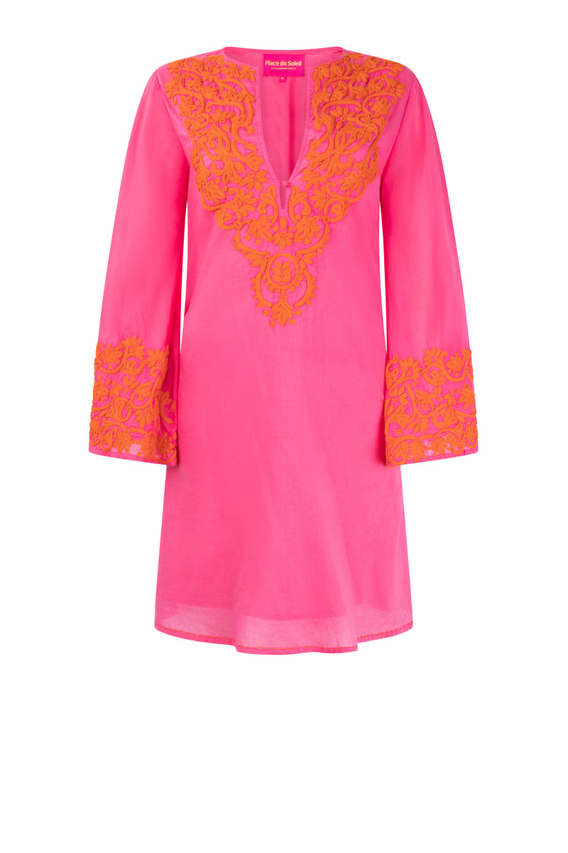 PLACE DU SOLEIL 314 Short Embroided Dress - Pink Orange