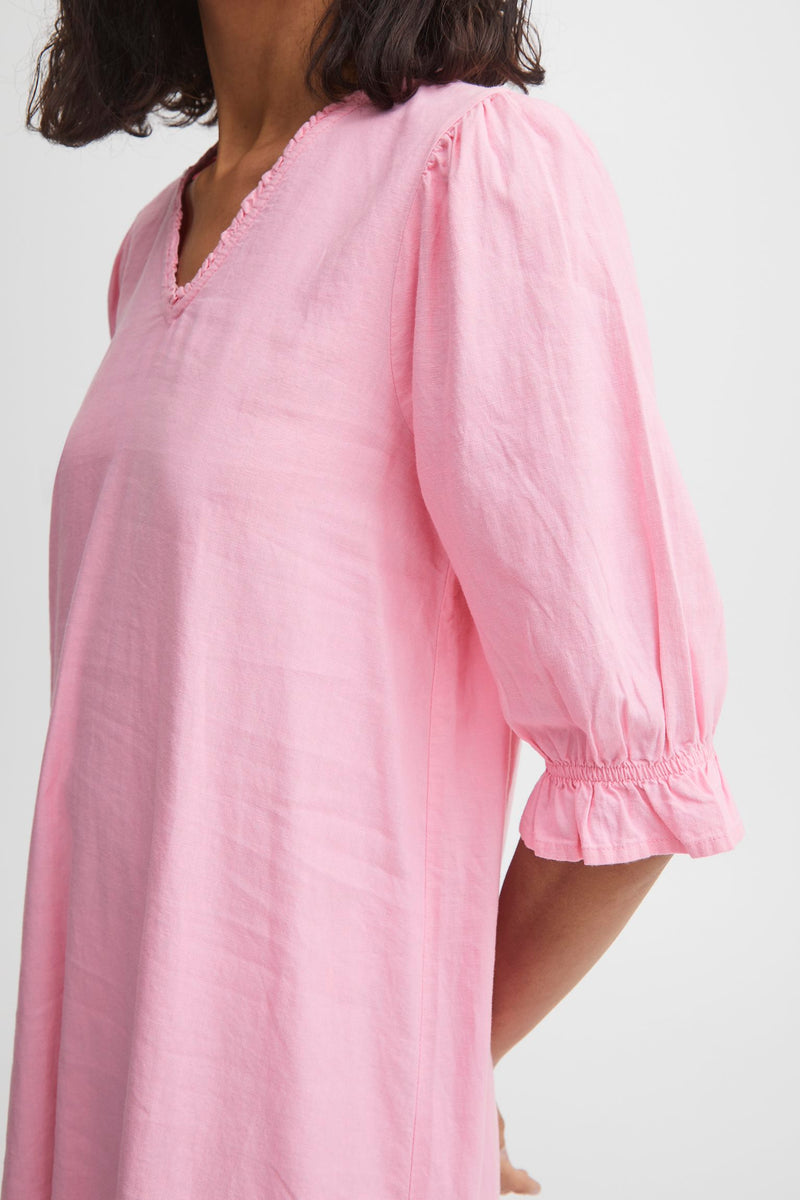 BY FALAKKA Linen Mix V Neck SS Short Dress - Begonia Pink