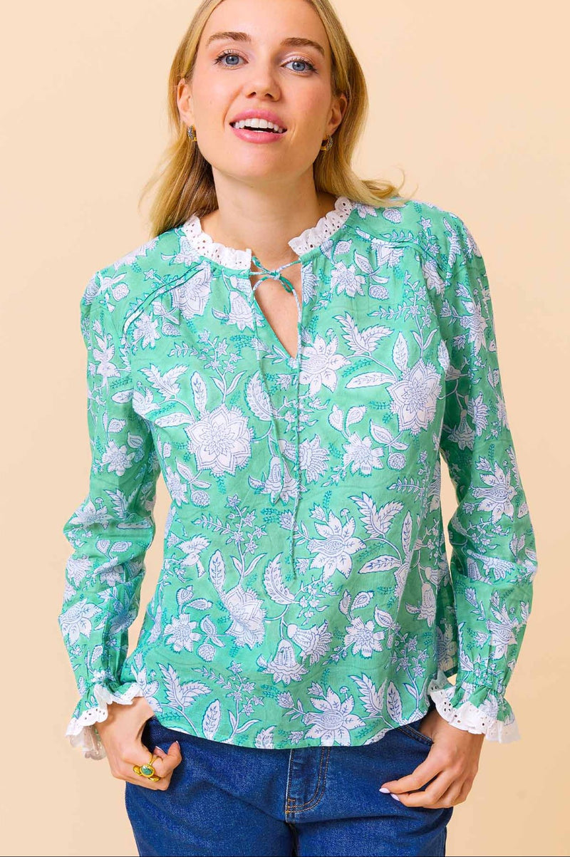 ASPIGA Rosie Block Print Blouse - Lotus Green Blue