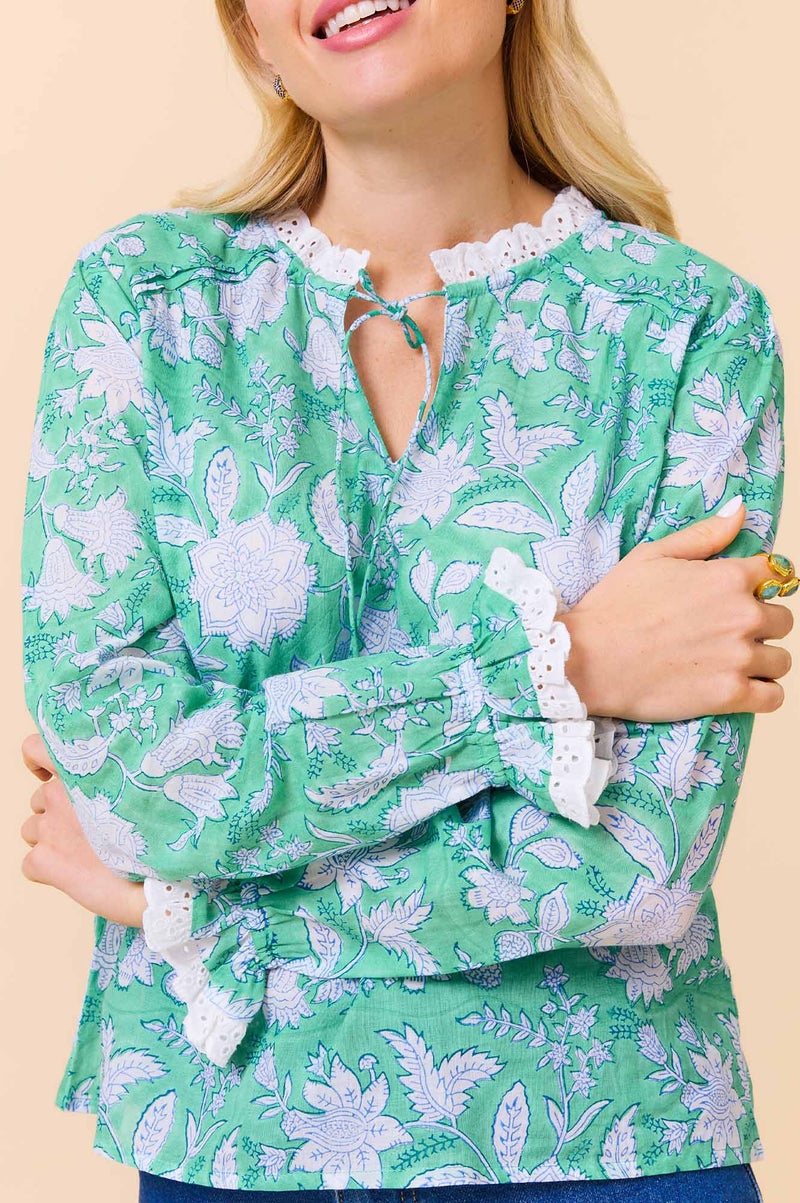 ASPIGA Rosie Block Print Blouse - Lotus Green Blue