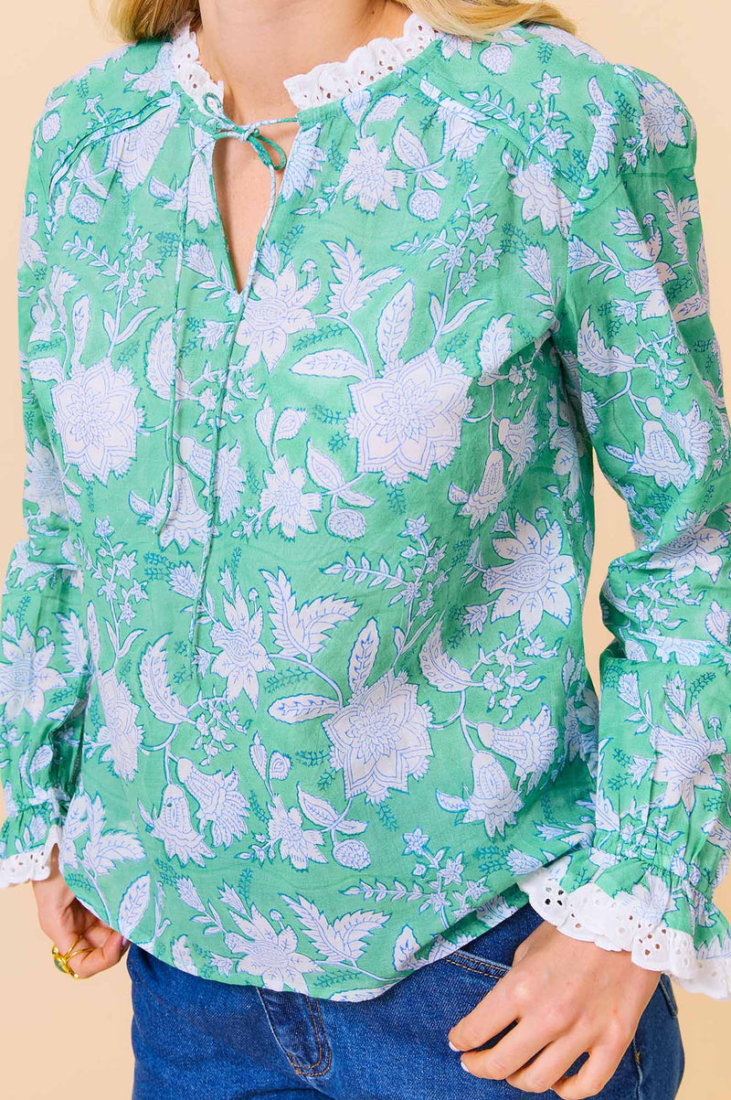 ASPIGA Rosie Block Print Blouse - Lotus Green Blue