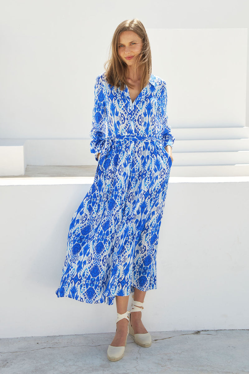 ASPIGA Eliza Shirt Dress - Ikat Blue White