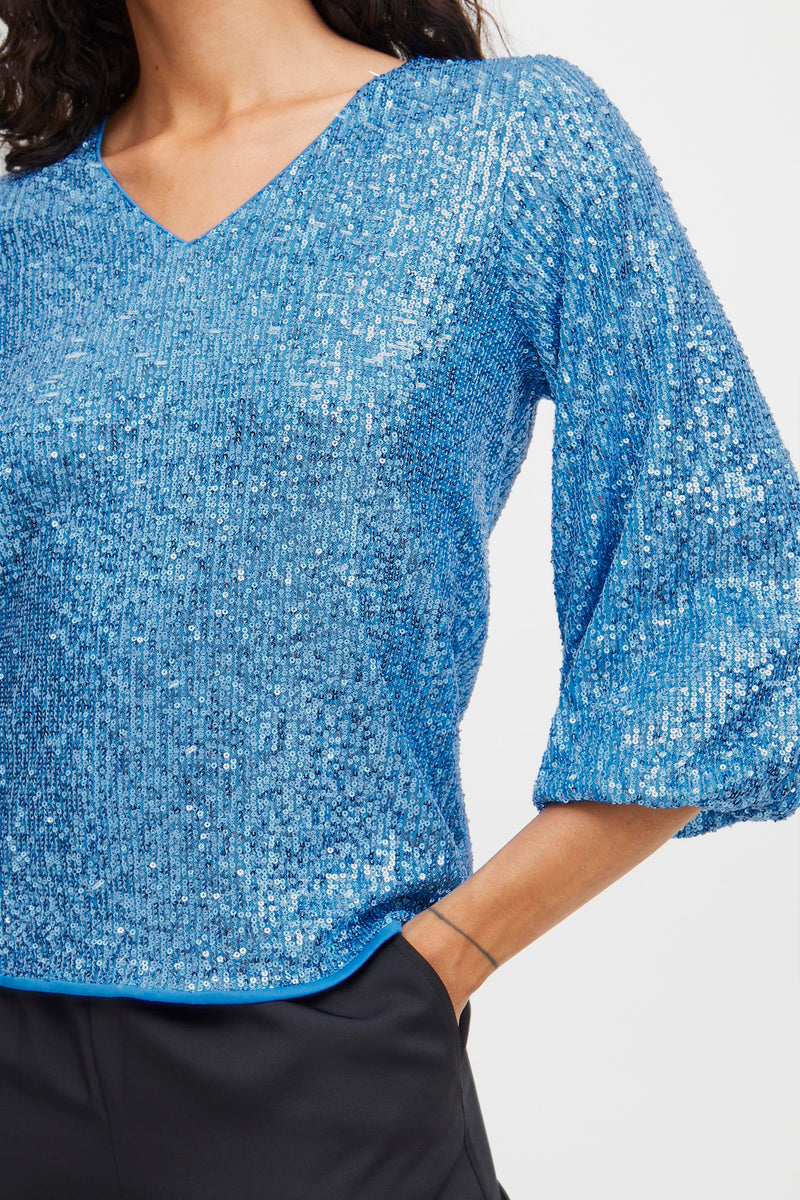 BY SOLIA V Neck Sequin T-shirt - Swedish Blue