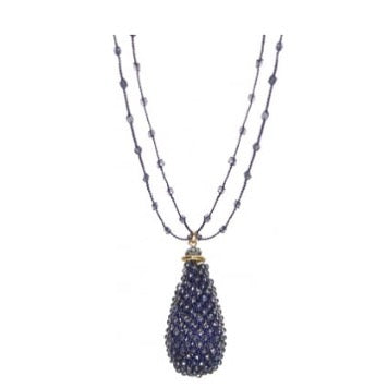 SWAN Boutique Pom Pom Crystal  Beaded Necklace - Denim