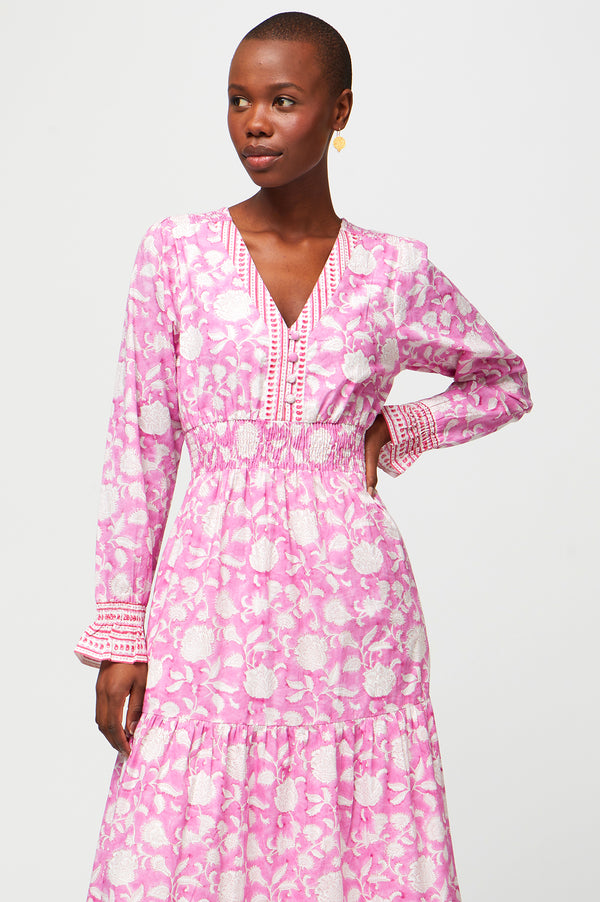 ASPIGA Billie Cotton Maxi Dress - Ornate Flower Pink White