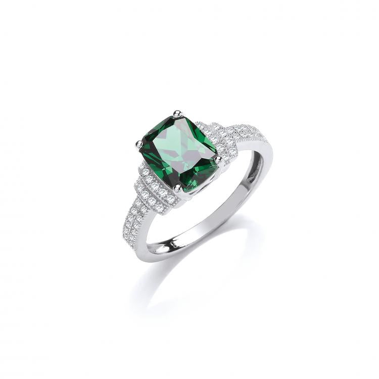 SWAN Boutique Rhodium Plated Silver Emerald Cut Emerald Halo Ring