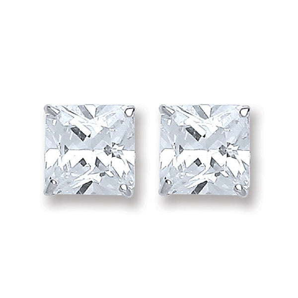 SWAN Boutique Rhodium Plated Silver Princess Cut Stud Earrings