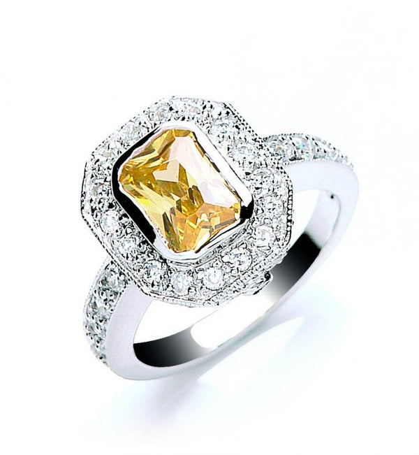 SWAN Boutique Rhodium Plated Silver & Yellow  Emerald Cut  Halo Ring
