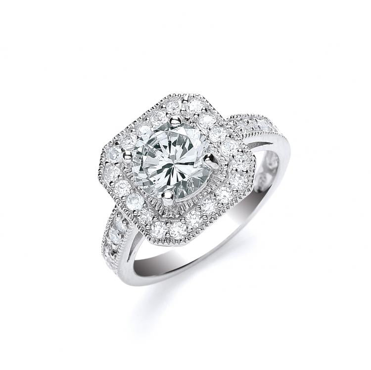 SWAN Boutique Rhodium Plated Silver Solitaire Halo Ring