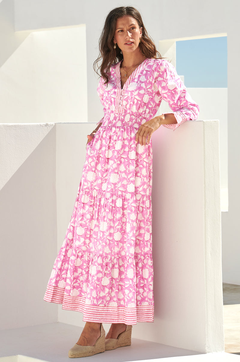 ASPIGA Billie Cotton Maxi Dress - Ornate Flower Pink White