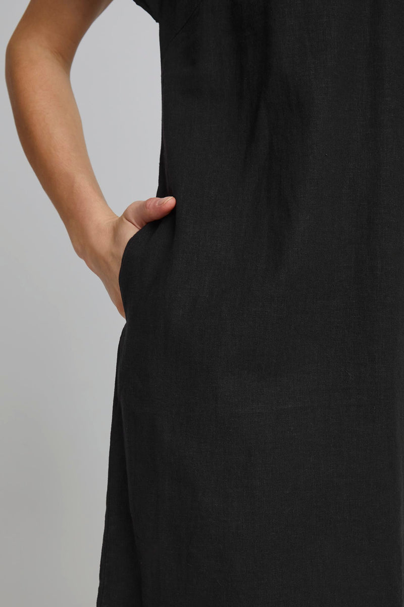 BY FALAKKA Linen Mix V Neck Short Dress - Black