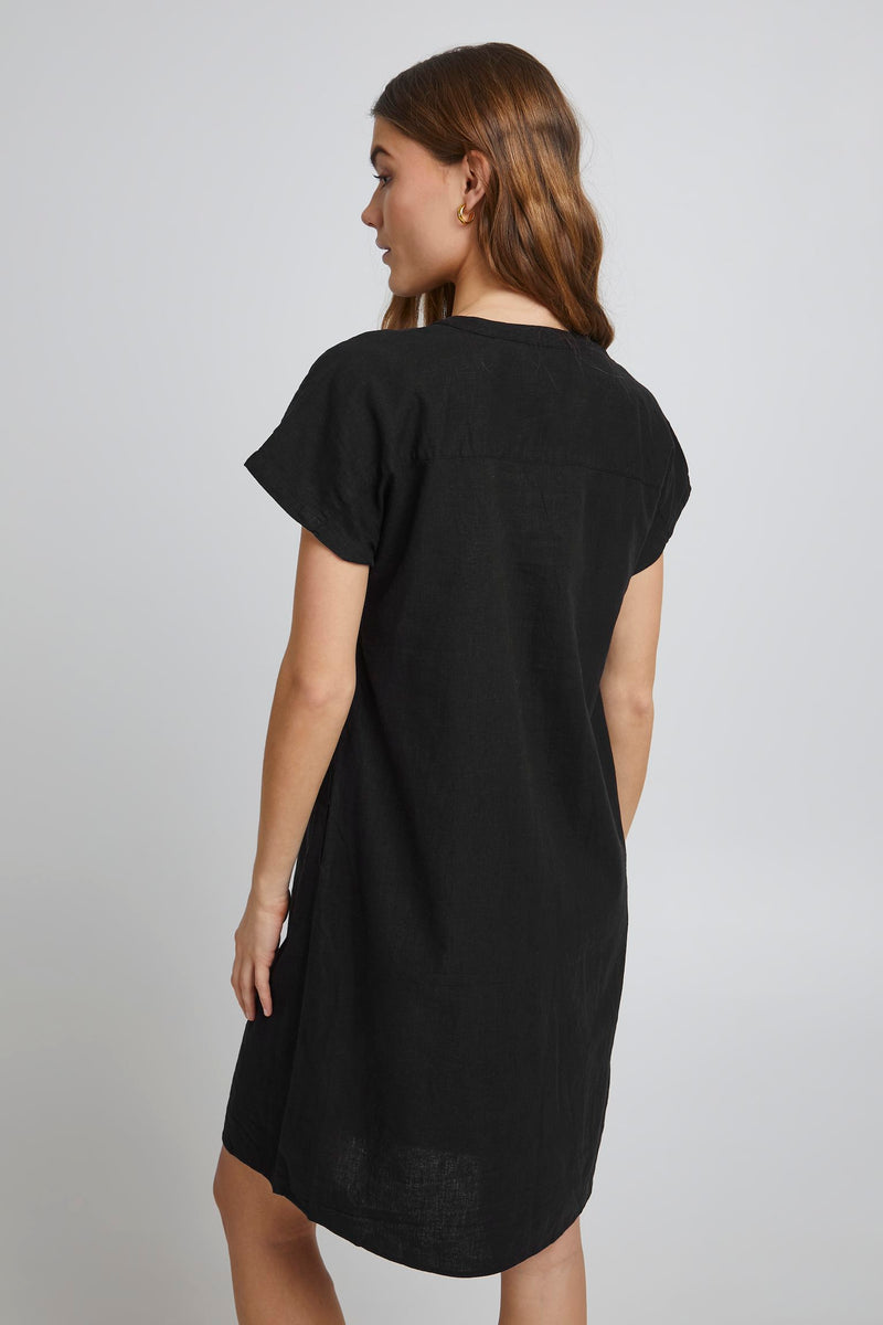 BY FALAKKA Linen Mix V Neck Short Dress - Black