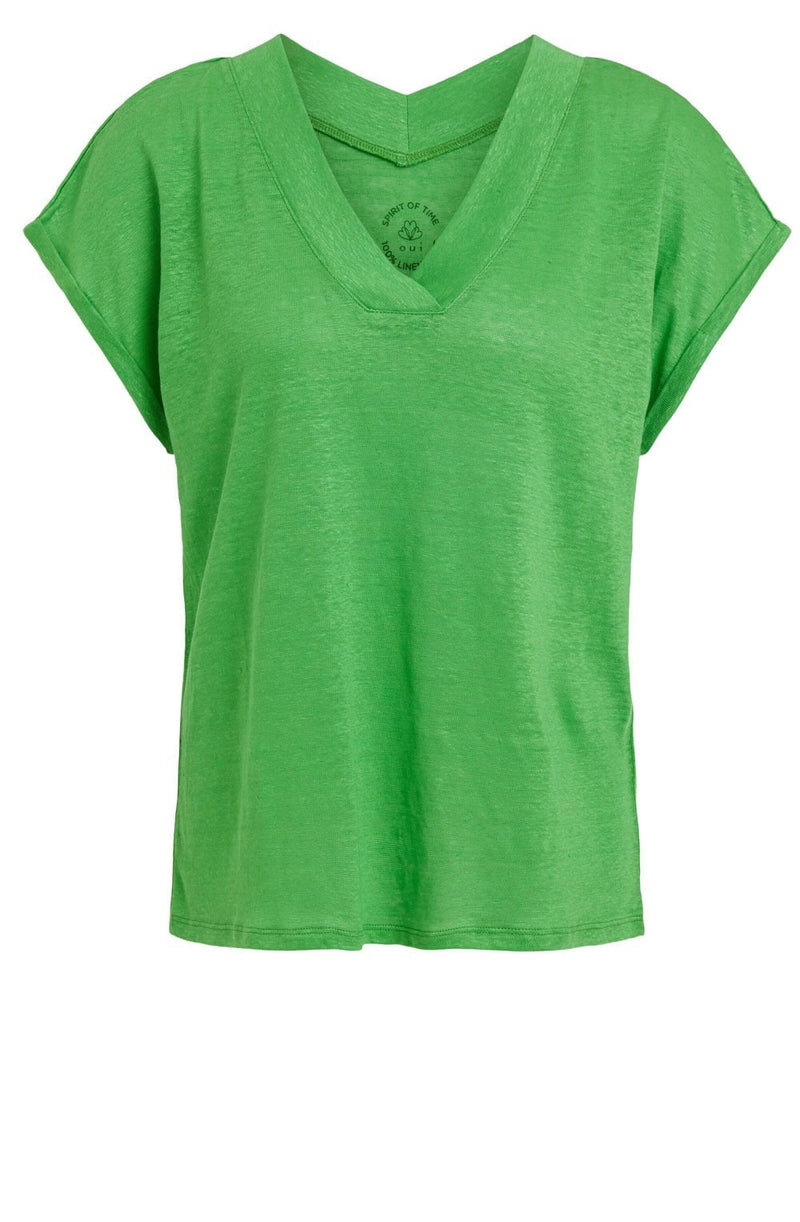 OUI 76288 Linen V Neck Tee Shirt - Fern Green