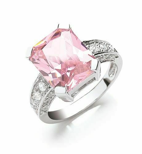 SWAN Boutique Rhodium Plated Silver Emerald Cut Pink Sapphire Ring
